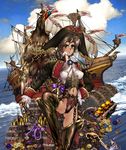  bird breasts brown_hair copyright_request green_eyes hat highres looking_at_viewer navel ocean pirate pirate_costume pirate_hat pirate_ship ship shirou_masamune small_breasts smile sword treasure treasure_chest watercraft weapon 