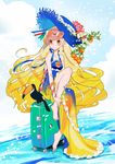  barefoot bird blonde_hair cloud day dress earrings flower hat jewelry long_hair nail_polish orange_eyes orangina rakuchii_(rurituvo) sky smile solo suitcase sunglasses toenail_polish toucan very_long_hair water 