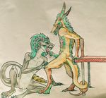  demon erection fellatio female fur furniture green_hair green_penis grey_fur hair intersex invalid_tag male mature narel open_mouth oral oral_sex orange_fur penis pornography schasm sex sexual skold straight table tongue tongue_out traditional_media 