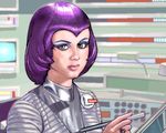  60s 70s bob_cut gay_ellis green_eyes jewelry looking_at_viewer lowres machinery makeup matagitii military moonbase oekaki oldschool outpost pen purple_hair realistic ring science_fiction screen shado ufo_(copyright) uniform widow's_peak 