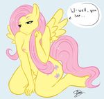  anthrofied breasts cutie_mark dialog ehliayn equine female fluttershy_(mlp) friendship_is_magic green_eyes hair horse mammal my_little_pony pegasus pink_hair pony pussy solo text vehliayn wings yellow_body 