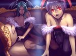  animal_print bare_shoulders bat_print bat_wings breasts cleavage couch demon_girl flat_chest green_hair head_wings large_breasts leotard lilith_aensland long_hair morrigan_aensland multiple_girls ogami pantyhose print_legwear purple_hair red_eyes short_hair succubus vampire_(game) wings yellow_eyes 