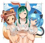  :3 ;) animal_ears beach bikini blue_eyes blue_hair breast_hold breasts brown_eyes brown_hair bunny_ears cat_ears cat_tail cleavage day eyebrows fox_ears fox_tail from_above green_eyes green_hair groin hikimayu kitsune_miko large_breasts long_hair looking_at_viewer multiple_girls navel neko_miko ocean one_eye_closed see-through sengoku_collection shiny shiny_skin shirt short_hair short_twintails side-tie_bikini small_breasts smile string_bikini swimsuit tail tenchisouha thick_eyebrows thigh_gap tied_shirt twintails usagi_miko wet wet_clothes wet_shirt white_bikini 
