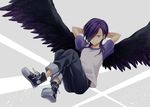  hataraku_maou-sama! kubyou_azami long_hair lucifer_(hataraku_maou-sama!) male_focus purple_eyes purple_hair shirt shoes simple_background smile sneakers solo t-shirt urushihara_hanzou wings 