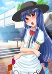  :o black_hat blue_hair blush bow bowtie building center_frills day food fruit hat head_tilt hinanawi_tenshi leaf long_hair looking_at_viewer looking_back onna_kishi_no_shiro open_mouth outdoors peach red_bow red_eyes red_neckwear school solo touhou 