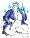  big_breasts black_nose blue_eyes blue_hair bottomless breasts canine chubby claws cleavage clothed clothing ear_piercing female fire fur furry-specific_piercing ghosts gravewalker hair invalid_tag jewelry mammal multicolor_fur navel nude obese overweight piercing plain_background pointy_ears ring robe smile solo two_tone_fur white_background wolf 
