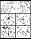  angry applejack_(mlp) black_and_white comic cowboy_hat cutie_mark dialog duo english_text equine eyes female feral fight friendship_is_magic grab hair hat horse inside mammal metal_(artist) monochrome my_little_pony pegasus pony rainbow_dash_(mlp) text wings 