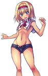  adapted_costume alice_margatroid blonde_hair blue_eyes blush breasts hairband navel open_mouth oukawa_yuu revealing_clothes short_hair short_shorts shorts simple_background small_breasts solo tears toned touhou underboob white_background 