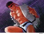  1boy bara black_eyes black_hair blush capcom grass headband lowres male male_focus masanori muscle night nipples ryu ryuu_(street_fighter) solo street_fighter underwear 