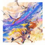  bird closed_eyes feathers flag goose hat highres instrument long_hair orange_juice orangina personification solo trumpet upside-down water yoshiku_(oden-usagi) 