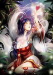  ahri animal_ears black_hair boots braid breasts cleavage detached_sleeves facial_mark fox_ears fox_tail heart highres kanmai_x_sou kneeling large_breasts league_of_legends long_hair multiple_tails open_mouth single_braid tail whisker_markings yellow_eyes 