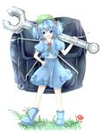  absurdres backpack bag blue_eyes blue_hair boots full_body grass hair_bobbles hair_ornament hand_on_hip hat highres kawashiro_nitori key looking_at_viewer mushroom nano_(mianhua_maoqiu) open_mouth oversized_object puffy_short_sleeves puffy_sleeves rubber_boots short_hair short_sleeves simple_background skirt skirt_set solo touhou two_side_up white_background wrench 