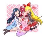  =_= absurdres aida_mana animal_print bat_print blonde_hair blue_eyes bow braid casual cropped_jacket dokidoki!_precure hair_bow heart highres hishikawa_rikka hug hug_from_behind jealous long_hair multiple_girls no_shoes one_eye_closed pantyhose pink_eyes pink_hair precure print_legwear regina_(dokidoki!_precure) seiza sitting thighhighs yupiteru yuri zettai_ryouiki 