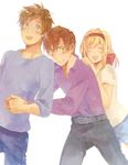  2boys ahoge alternate_hair_color axis_powers_hetalia bad_id bad_pixiv_id belgium_(hetalia) belt blonde_hair brown_hair clenched_teeth cover cover_page doujin_cover fingernails frown green_eyes hair_between_eyes hair_intakes hair_ribbon hand_on_another's_shoulder holding_hands hug hug_from_behind leaning leaning_back leaning_forward looking_at_viewer multiple_boys open_mouth pants ribbon short_hair shorts simple_background southern_italy_(hetalia) spain_(hetalia) sweat teeth unbuttoned white_background zukki_(suzukio) 