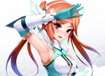  :d armpits bare_shoulders blush bodysuit brown_eyes brown_hair detached_sleeves elbow_gloves eto eyebrows_visible_through_hair gloves grey_background looking_at_viewer md5_mismatch miraselia open_mouth phantasy_star phantasy_star_online_2 quna_(pso2) simple_background smile white_gloves 