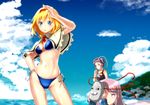  alice_margatroid arm_up beach bikini blonde_hair blue_eyes breasts capelet cleavage cloud day expressionless hairband hata_no_kokoro heart highres irusu komeiji_satori long_hair long_sleeves mask medium_breasts multiple_girls navel ocean one-piece_swimsuit outdoors pink_eyes pink_hair plaid plaid_shirt purple_hair school_swimsuit shirt short_hair side-tie_bikini sky swimsuit third_eye touhou very_long_hair water yaranaio younger 