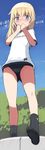  black_legwear blonde_hair blue_eyes blush buruma feet gym_uniform helma_lennartz long_hair looking_at_viewer shimada_fumikane socks solo translated world_witches_series 