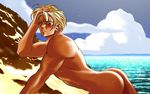  bara beach blush capcom justice_gakuen looking_at_viewer male male_focus masanori nude ocean one_eye_closed pose roy_bromwell sea shiritsu_justice_gakuen sky 