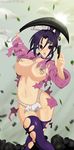  1girl breasts fundoshi kousaka_shigure large_breasts long_hair open_mouth panties purple_eyes shijou_saikyou_no_deshi_ken&#039;ichi shijou_saikyou_no_deshi_ken'ichi solo sun sword thighhighs torn_clothes underwear weapon 