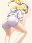  1girl ass blonde_hair blue_sailor_collar cameltoe from_behind hat kitashirakawa_chiyuri looking_back midriff nichiki sailor_collar school_uniform serafuku shorts touhou touhou_(pc-98) twintails yellow_eyes 