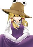  bad_id bad_pixiv_id blonde_hair doseisan_(dosei-san) hair_ribbon hat hat_ribbon looking_at_viewer moriya_suwako ribbon solo touhou yellow_eyes 