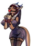  anthro ball_gag big_breasts breasts clothed clothing curvaceous drooling facial_piercing female gag habit horn macropod mammal marsupial nipple_bulge nose_piercing piercing saliva septum_piercing solo standing trixythespiderfox 