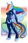  anthro anthrofied big_breasts blue_feathers blue_fur breasts clothing cutie_mark equine feathered_wings feathers female friendship_is_magic fur hair mammal multicolored_hair multicolored_tail my_little_pony notorious84 pegasus rainbow_dash_(mlp) rainbow_hair rainbow_tail smile solo tight_clothing whip wings 