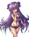  blush breasts crescent crescent_hair_ornament denim denim_shorts double_bun embarrassed hair_ornament hair_over_eyes hair_ribbon highres long_hair medium_breasts navel open_fly open_mouth oukawa_yuu patchouli_knowledge purple_eyes purple_hair ribbon shiny shiny_skin short_shorts shorts simple_background sketch solo topless touhou unzipped white_background 