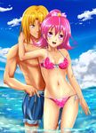  1girl aida_mana bikini blonde_hair breasts couple covered_nipples dokidoki!_precure highres joe_okada male_swimwear medium_breasts pink_eyes pink_hair precure shiguko short_hair shorts swim_trunks swimsuit swimwear untied yellow_eyes 