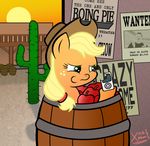  2013 apple applejack_(mlp) barrel barres blonde_hair building cactus chewing clothing cowboy_hat desert eating english_text equine eyewear female feral freckles friendship_is_magic fruit fur glasses green_eyes hair hat horse human ipod looking_at_viewer male mammal my_little_pony orange_fur outside pony poster shirt sky smile solo sun text wanted_poster xylophon 