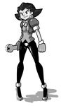  atomictiki cropped_jacket crotch_plate earrings gloves greyscale hair_slicked_back highres jewelry long_legs monochrome pantyhose pigeon-toed rockman rockman_dash short_hair skull solo tron_bonne wrench 
