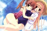  2girls blush dengeki_moeoh hagiwara_onsen hat original school_swimsuit swimsuit wink 