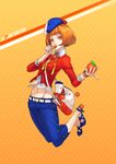  belt blue_hat buckle candy crop_top denim food fruit full_body hat high_heels highres jeans leaf lollipop long_legs looking_at_viewer midriff navel neco orange orange_hair orangina pants polka_dot polka_dot_background short_hair simple_background solo yellow_background 