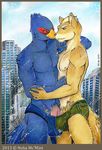  avian biceps canine daxterdingo falco_lombardi fox_mccloud frottage gay interspecies macro male mammal muscles nintendo nipples noha pecs penis precum speedo star_fox swimsuit topless video_games wolf_o&#039;donnell wolf_o'donnell 
