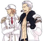  2boys abs baseball_cap cigar crossed_arms duo epaulettes gloves hat jacket lowres male male_focus marine multiple_boys one_piece open_clothes open_shirt orange_hair pe_(xvincax) shirt smoker smoking uniform white_hair x_drake 