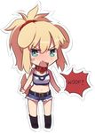  anger_vein animal_ears barking blonde_hair blush chibi collar denim denim_shorts dog_collar dog_ears dog_tail fang fate/apocrypha fate_(series) full-face_blush green_eyes kemonomimi_mode long_hair midriff mordred_(fate) mordred_(fate)_(all) navel ponytail red_scrunchie scrunchie shorts solo tail tusia wavy_mouth 