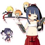  1boy 4girls ahoge alchemist_(sekaiju) blonde_hair blue_eyes bow braid bushidou_(sekaiju) chibi curse_maker gauntlets hair_bow hair_over_eyes hood katana lavender_hair long_hair medic_(sekaiju) midriff multiple_girls navel one_eye_closed orange_hair over_shoulder paladin_(sekaiju) red_eyes saru scabbard scarf sekaiju_no_meikyuu sheath short_hair simple_background sword twin_braids upper_body vial weapon white_background 