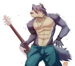  abs anthro biceps big_muscles bulge canine chest_tuft clothing cuson dog dog_tags eyes_open fur guitar hair husky instrument kouya_aotsuki male mammal morenatsu muscles necklace nipples pants pecs plain_background pose solo standing topless tuft yellow_eyes 