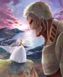  armored_titan bad_id bad_pixiv_id bouquet christa_renz cloud dress flower from_side highres hill lake shingeki_no_kyojin size_difference standing sunset usamichan veil wedding_dress 