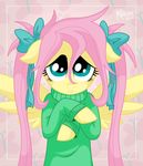 bow clothing equine female floppy_ears fluttershy_(mlp) friendship_is_magic fur green_eyes hair horse killryde long_hair looking_at_viewer mammal my_little_pony open_mouth pegasus pigtails pink_hair pony shirt solo sweater wings yellow_fur 