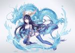  animal_ears blue_eyes blue_footwear blue_legwear boots china_dress chinese_clothes dragon_ears dragon_girl dragon_horns dragon_tail dress gauntlets horns karin_(p&amp;d) long_hair monster_girl puzzle_&amp;_dragons qinglong_(mythology) smile spiked_knuckles tail thigh_boots thighhighs vienri 