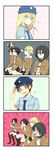  2boys 3girls 4koma annie_leonhardt black_eyes black_hair blonde_hair blue_eyes blush cellphone christa_renz collarbone comic empty_eyes eren_yeager flying_sweatdrops gaijin_4koma glasses hange_zoe hat highres levi_(shingeki_no_kyojin) long_sleeves mikasa_ackerman multiple_boys multiple_girls necktie open_mouth paradis_military_uniform phone pointing police police_uniform scarf shingeki_no_kyojin short_hair short_sleeves silver_hair smile sweatdrop uniform ymir_(shingeki_no_kyojin) 