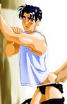  2boys ass bara blush looking_at_viewer male male_focus masanori multiple_boys underwear wall yaoi 