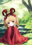  blonde_hair blue_eyes bow dqn_(dqnww) dress grass hair_bow hair_ribbon highres lake looking_at_viewer medicine_melancholy ribbon short_hair skirt smile solo touhou tree 