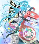  41y_(yooichiwai) absurdres aqua_eyes aqua_hair boots butterfly_wings detached_sleeves hatsune_miku headphones high_heels highres long_hair looking_at_viewer necktie open_mouth shoes skirt solo thigh_boots thighhighs twintails very_long_hair vocaloid wings 