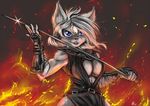  anthro armor black_lips black_nose blue_eyes breasts canine clothing dress female fire fox front fur grey_fur grey_hair hair looking_at_viewer mammal naughty_face s-nina short_hair solo standing sword weapon 