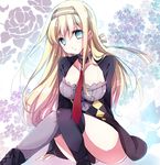  black_legwear blonde_hair blue_eyes boots breasts chigo cleavage dress floral_background flower hair_ornament hair_ribbon kamiyugi_ayase large_breasts long_hair looking_at_viewer mismatched_legwear necktie patterned_background ribbon sitting solo thighhighs z/x 