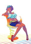  adjusting_eyewear bare_shoulders blue_hair dark_skin food fruit glass glasses hair_ornament hairclip looking_at_viewer midriff momoco_(anemone) orange orange_juice orange_peel orangina shoes short_hair sitting skirt solo tank_top 