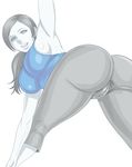  arm_up armpits ass black_hair breasts cameltoe highres huge_ass large_breasts long_hair looking_at_viewer looking_back matoyama open_mouth pants ponytail sideboob simple_background smile solo tight tight_pants white_background white_skin wii_fit wii_fit_trainer 