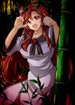  animal_ears bad_id bad_pixiv_id bamboo breasts brooch brown_hair dress fang imaizumi_kagerou jewelry large_breasts long_hair memento_mori_(m.m) open_mouth paw_pose red_eyes smile solo touhou wolf_ears 